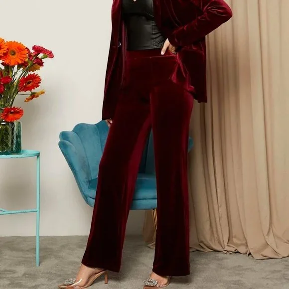 Velvet wide legged Pants Classy Contemporary Burgundy Maroon - Picture 4 of 7